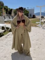Khaki Organik Pamuk Müslin Maxi Kimono