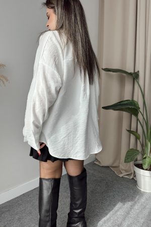 Ekru Modal Krinkıllı Oversize Gömlek - Görsel 3