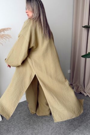 Khaki Organik Pamuk Müslin Maxi Kimono - Görsel 3