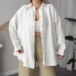 Ekru Soft Modal Krinkıllı Oversize Gömlek