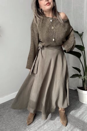 Haki Keten Kruvaze A Form Etek - Görsel 4