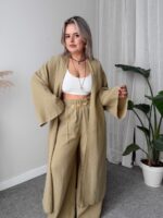 Khaki Organik Pamuk Müslin Maxi Kimono - Görsel 2