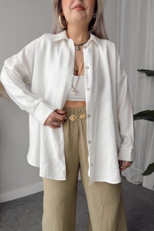 Ekru Soft Modal Krinkıllı Oversize Gömlek - Görsel 6