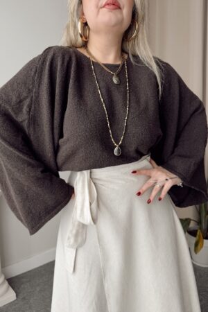 Kahve Organik Pamuk Yarasa Kol Crop Baharlık Triko - Görsel 3