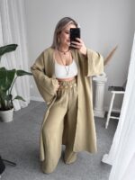 Khaki Organik Pamuk Müslin Maxi Kimono - Görsel 4