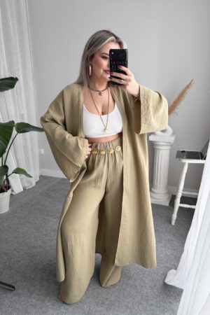 Khaki Organik Pamuk Müslin Maxi Kimono - Görsel 4