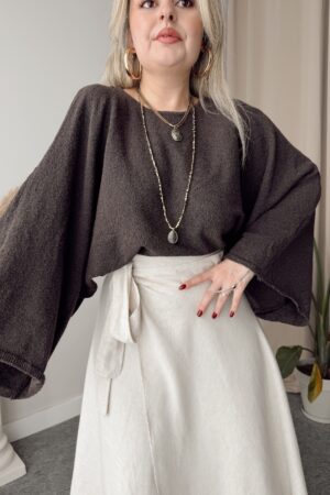 Kahve Organik Pamuk Yarasa Kol Crop Baharlık Triko