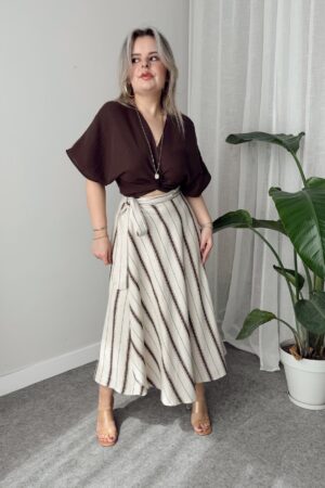 Çizgili Keten Kruvaze A Form Etek - Görsel 2