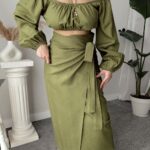Yeşil Keten Kruvaze Kalem Etek