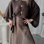 Kahve Pamuk Yarasa Kol Crop Merserize Bluz