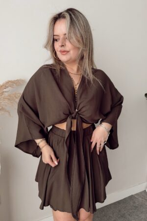 Acı Kahve Keten Şort Etek - Görsel 3