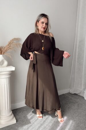 Kahve Pamuk Yarasa Kol Crop Merserize Bluz - Görsel 3