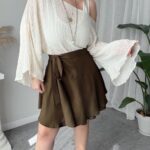 Haki Tencel Kruvaze Mini Etek