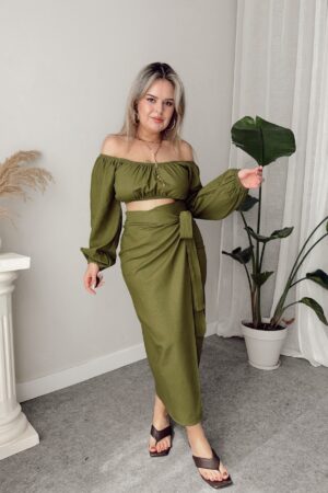 Yeşil Keten Kruvaze Kalem Etek - Görsel 3