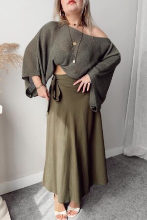 Haki Pamuk Yarasa Kol Crop Merserize Bluz - Görsel 3