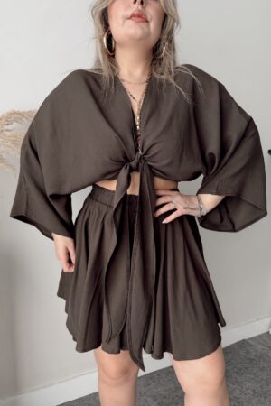 Acı Kahve Keten Şort Etek - Görsel 4