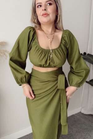 Yeşil Keten Off Shoulder Büstiyer