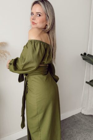 Yeşil Keten Kruvaze Kalem Etek - Görsel 4