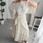 Krem Çiçekli A form Asimetrik Kruvaze Etek