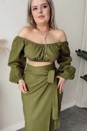 Yeşil Keten Off Shoulder Büstiyer - Görsel 2