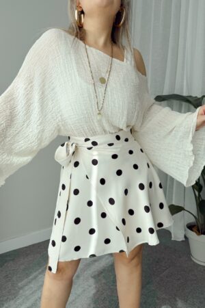 Puantiye Viskon Saten Kruvaze Mini Etek - Görsel 4