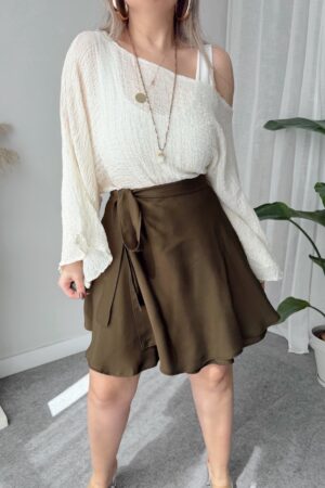 Haki Tencel Kruvaze Mini Etek - Görsel 3