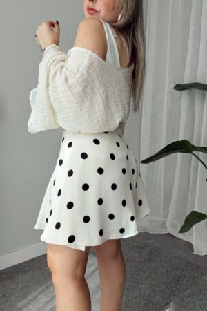 Puantiye Viskon Saten Kruvaze Mini Etek - Görsel 3