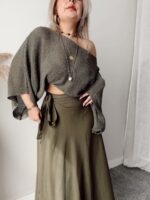 Haki Pamuk Yarasa Kol Crop Merserize Bluz - Görsel 2