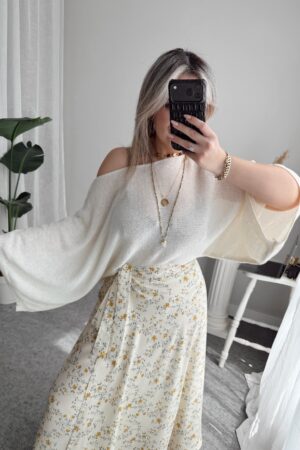 Ekru Pamuk Yarasa Kol Crop Merserize Bluz - Görsel 3