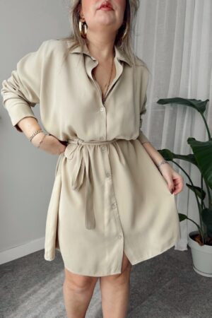 Bej Premium Tensel Gömlek Elbise - Görsel 4
