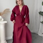 Bordo Müslin V yaka Balon Kol Maxi Elbise