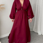 Bordo Müslin V yaka Balon Kol Maxi Elbise