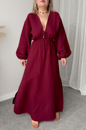 Bordo Müslin V yaka Balon Kol Maxi Elbise