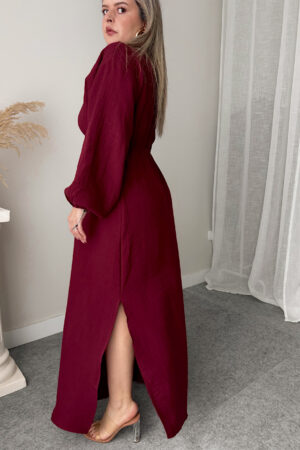 Bordo Müslin V yaka Balon Kol Maxi Elbise - Görsel 2