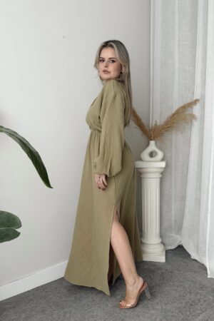 Khaki Müslin V yaka Balon Kol Maxi Elbise - Görsel 2