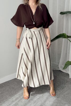 Çizgili Keten Kruvaze A Form Etek