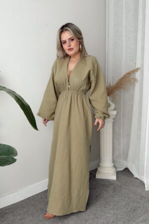 Khaki Müslin V yaka Balon Kol Maxi Elbise - Görsel 3