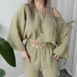 Khaki Organik Müslin Kayık Crop Bluz