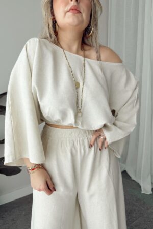 Kum Keten Kayık Crop Bluz - Görsel 3