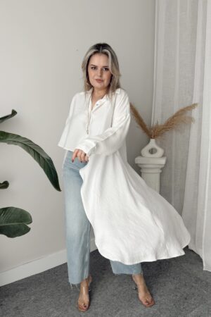 Ekru Soft Modal Krinkıllı Oversize Asimetrik Gömlek - Görsel 5