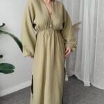 Khaki Müslin V yaka Balon Kol Maxi Elbise