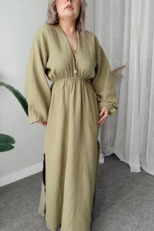 Khaki Müslin V yaka Balon Kol Maxi Elbise