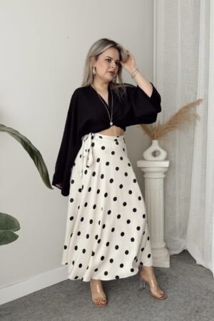 Puantiye Viskon Saten Kruvaze A Form Etek - Görsel 4