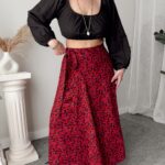 Kırmızı Çiçekli A form Asimetrik Kruvaze Etek