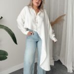 Ekru Soft Modal Krinkıllı Oversize Asimetrik Gömlek