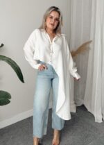 Ekru Soft Modal Krinkıllı Oversize Asimetrik Gömlek