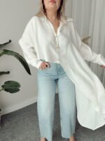 Ekru Soft Modal Krinkıllı Oversize Asimetrik Gömlek - Görsel 4