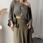 Haki Pamuk Yarasa Kol Crop Merserize Bluz