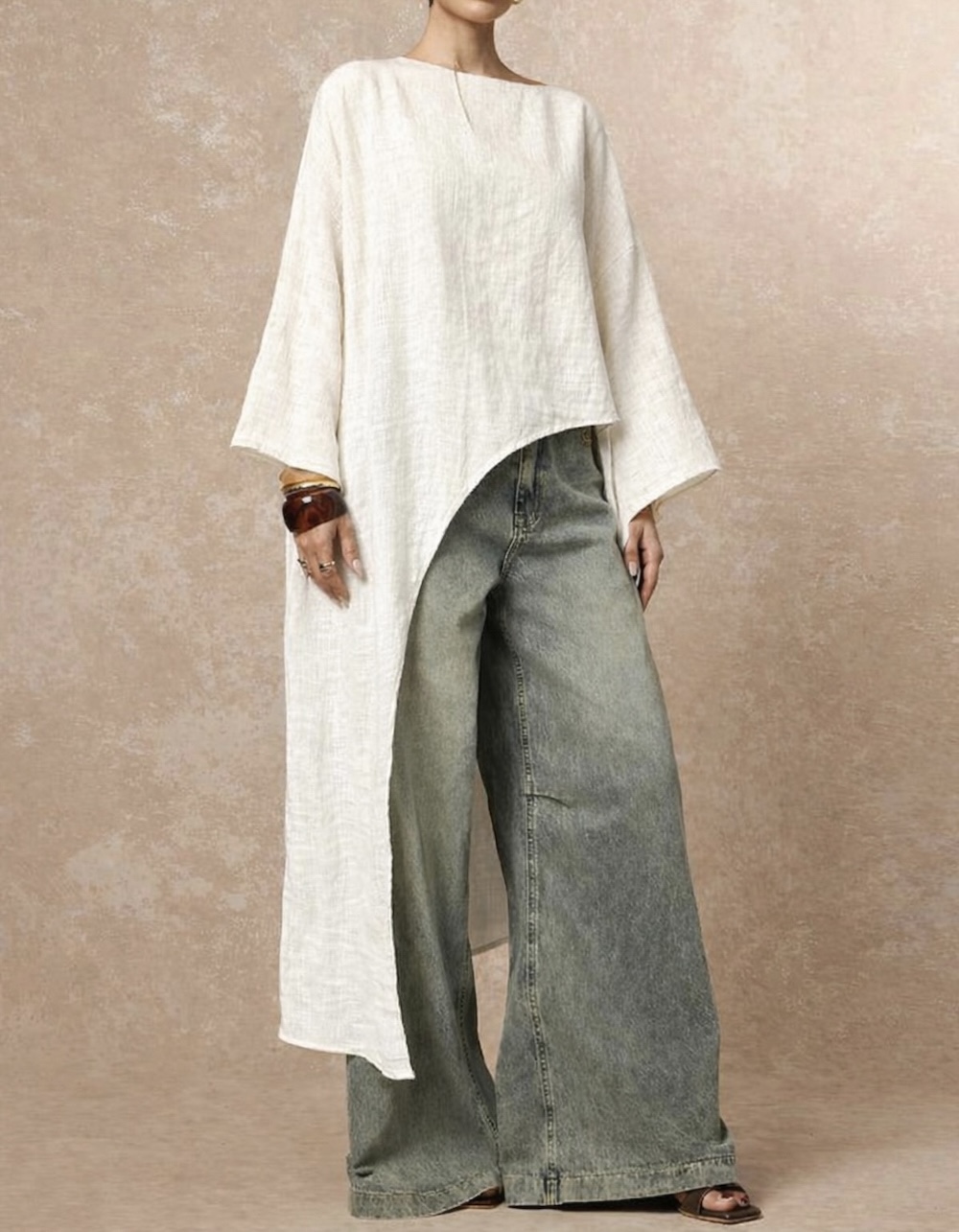 Edited in Tezza with: Highlights Ekru Tensel Asimetrik Tasarım Maxi Bluz - Görsel 1