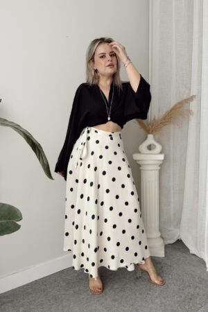 Puantiye Viskon Saten Kruvaze A Form Etek - Görsel 3